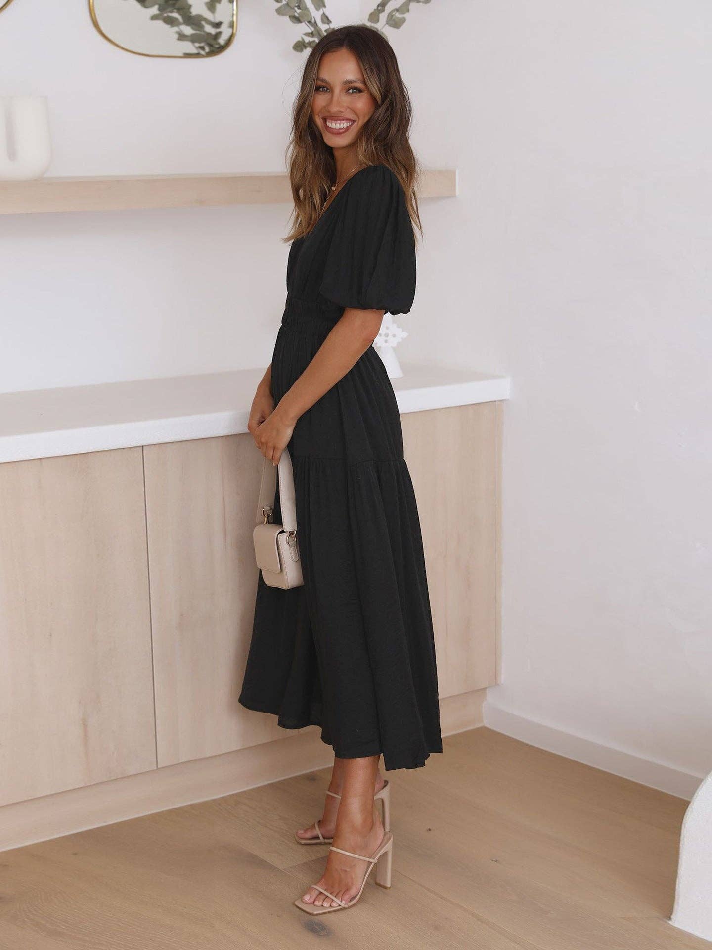 Ladies Bubble Sleeves V-Neck Daily Midi Dress