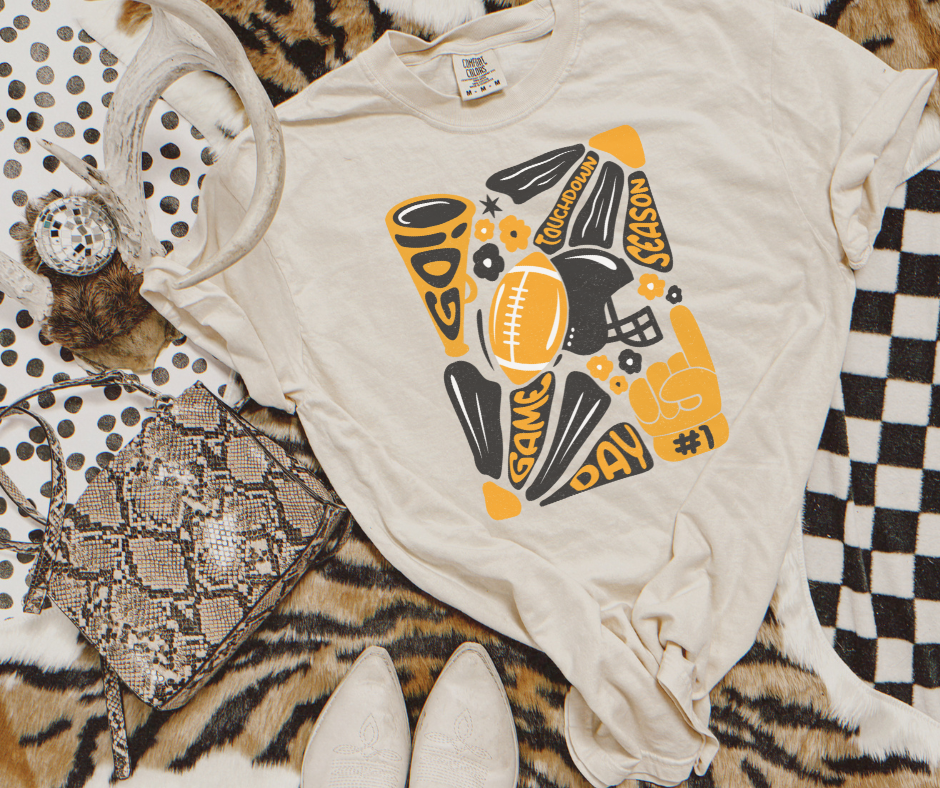 Black & Gold Hand Drawn Football Abstract Flower Art Ivory Tee