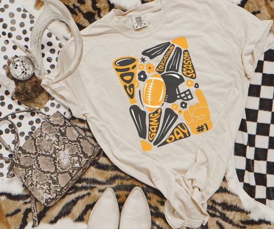 Black & Gold Hand Drawn Football Abstract Flower Art Ivory Tee