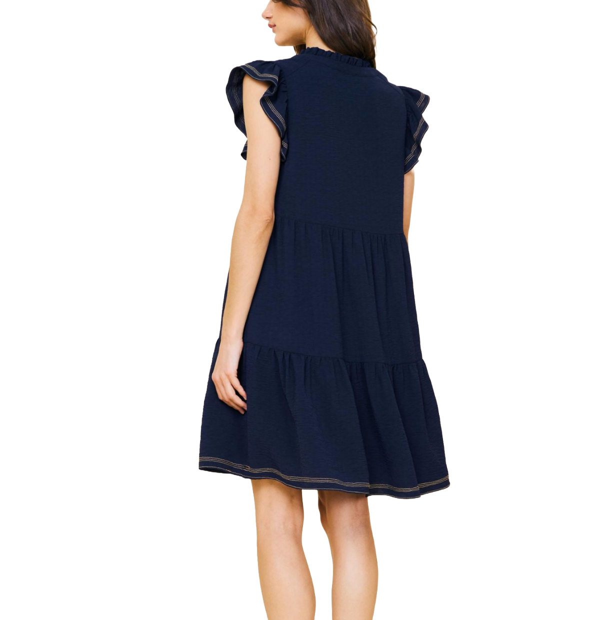 Skies Are Blue Contrast Stitch Tiered Babydoll Dress