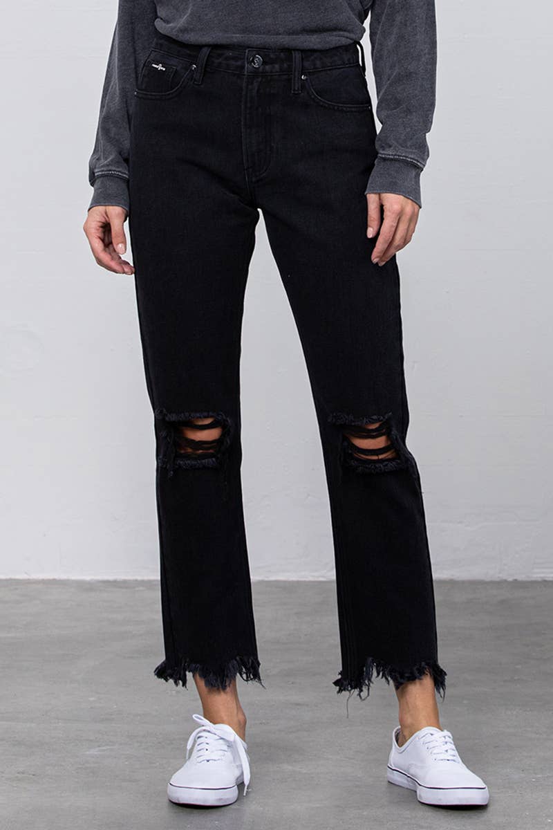High Rise Ripped Frayed Hem Straight Jeans