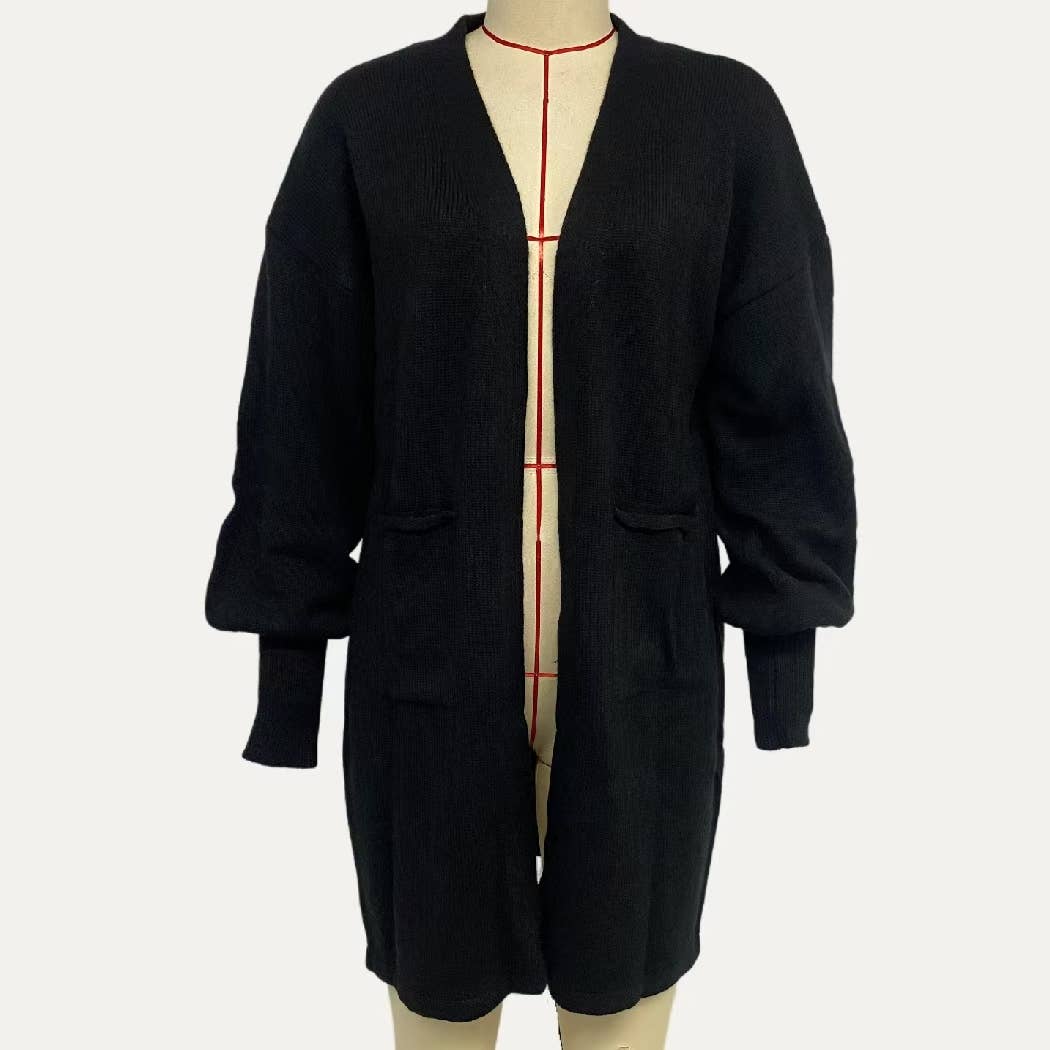 Cool Girl Black Balloon Sleeve Open Front Long Body Cardigan