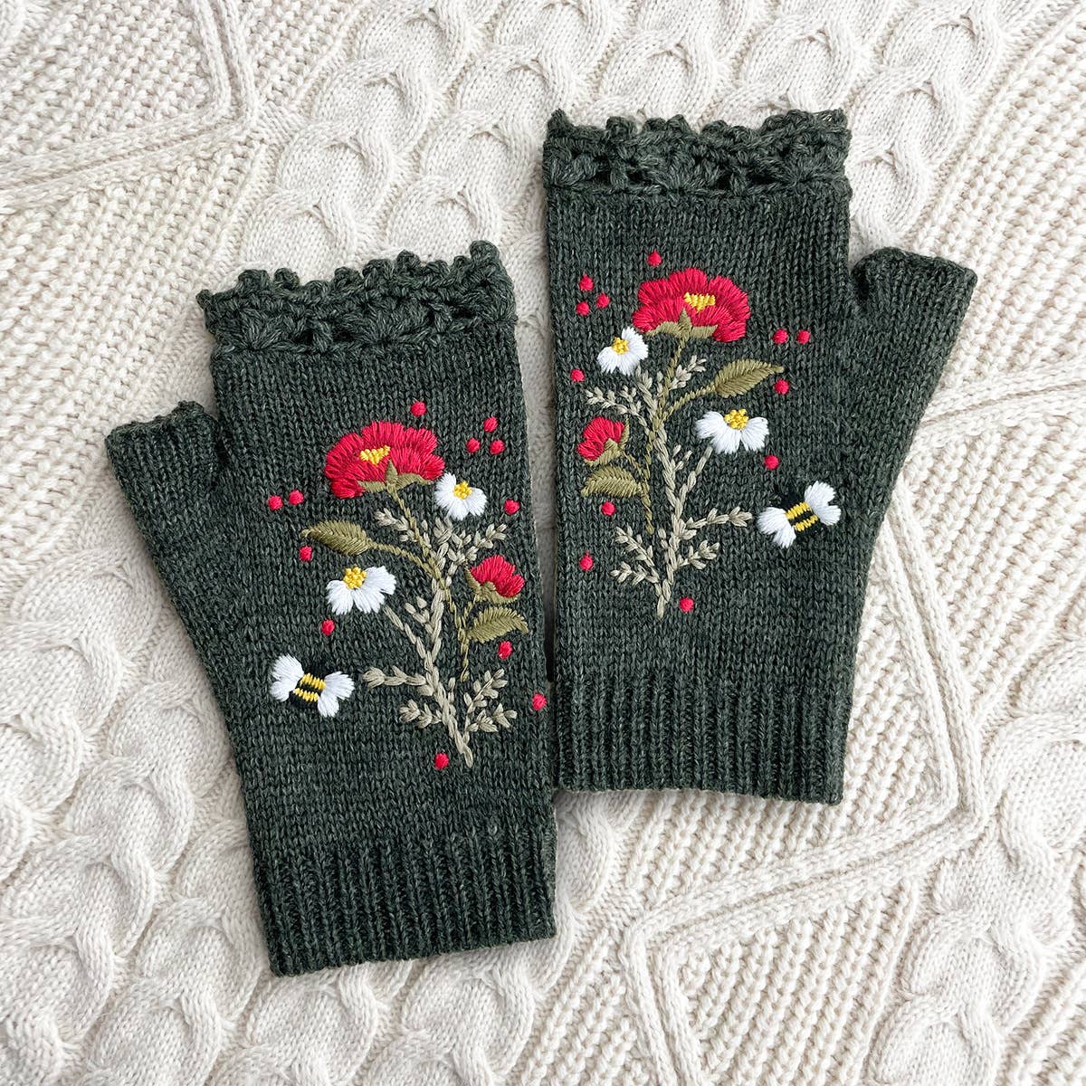 Vintage Peony, Daisy, Bee Embroidered Mittens