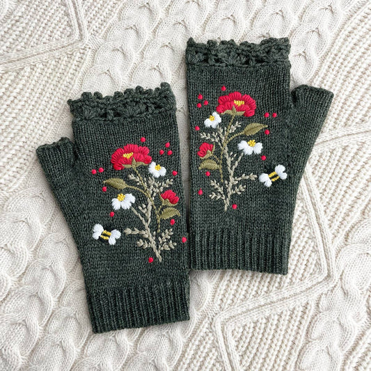 Vintage Peony, Daisy, Bee Embroidered Mittens