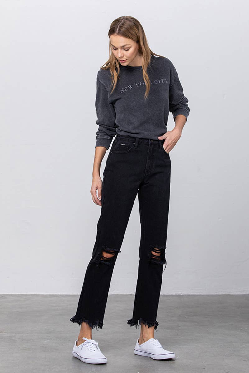 High Rise Ripped Frayed Hem Straight Jeans
