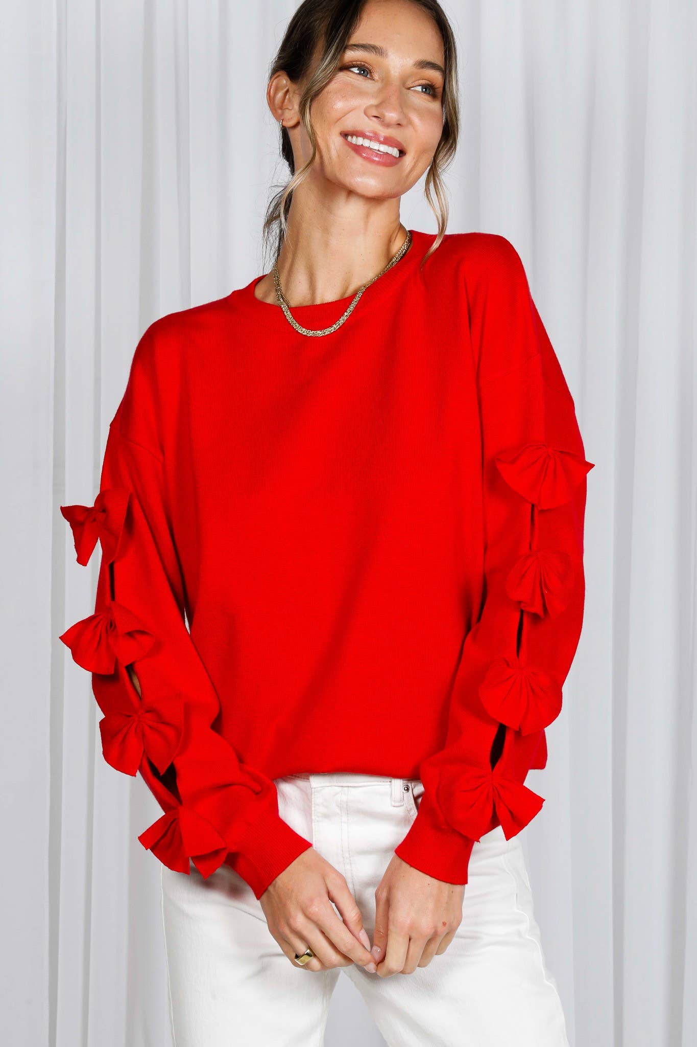 Bow Embellished Long-Sleeve Crew Neck Knit Sweater