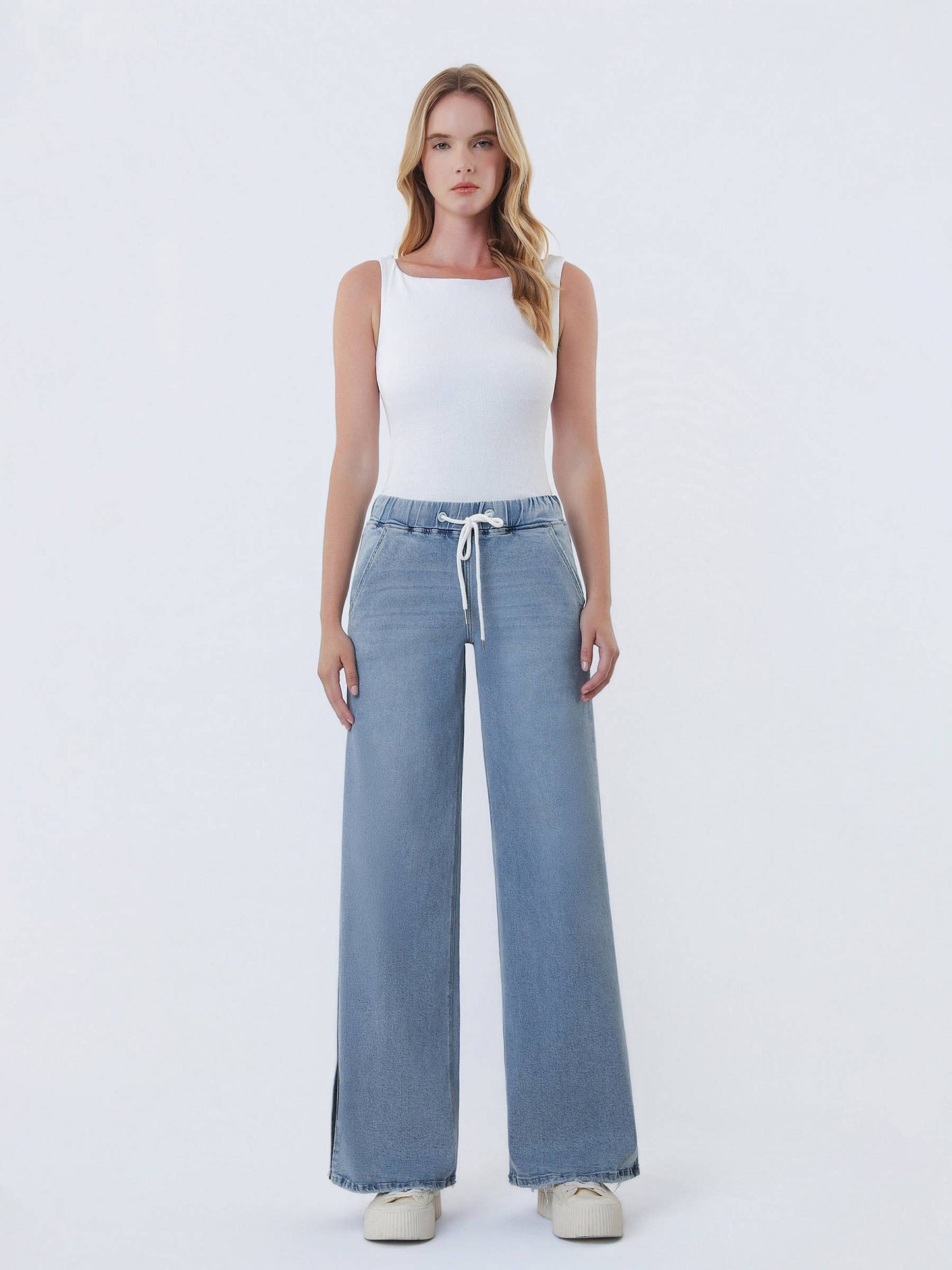 HIGH RISE DRAWSTRING WAISTBAND SLIT WIDE LEG JEANS
