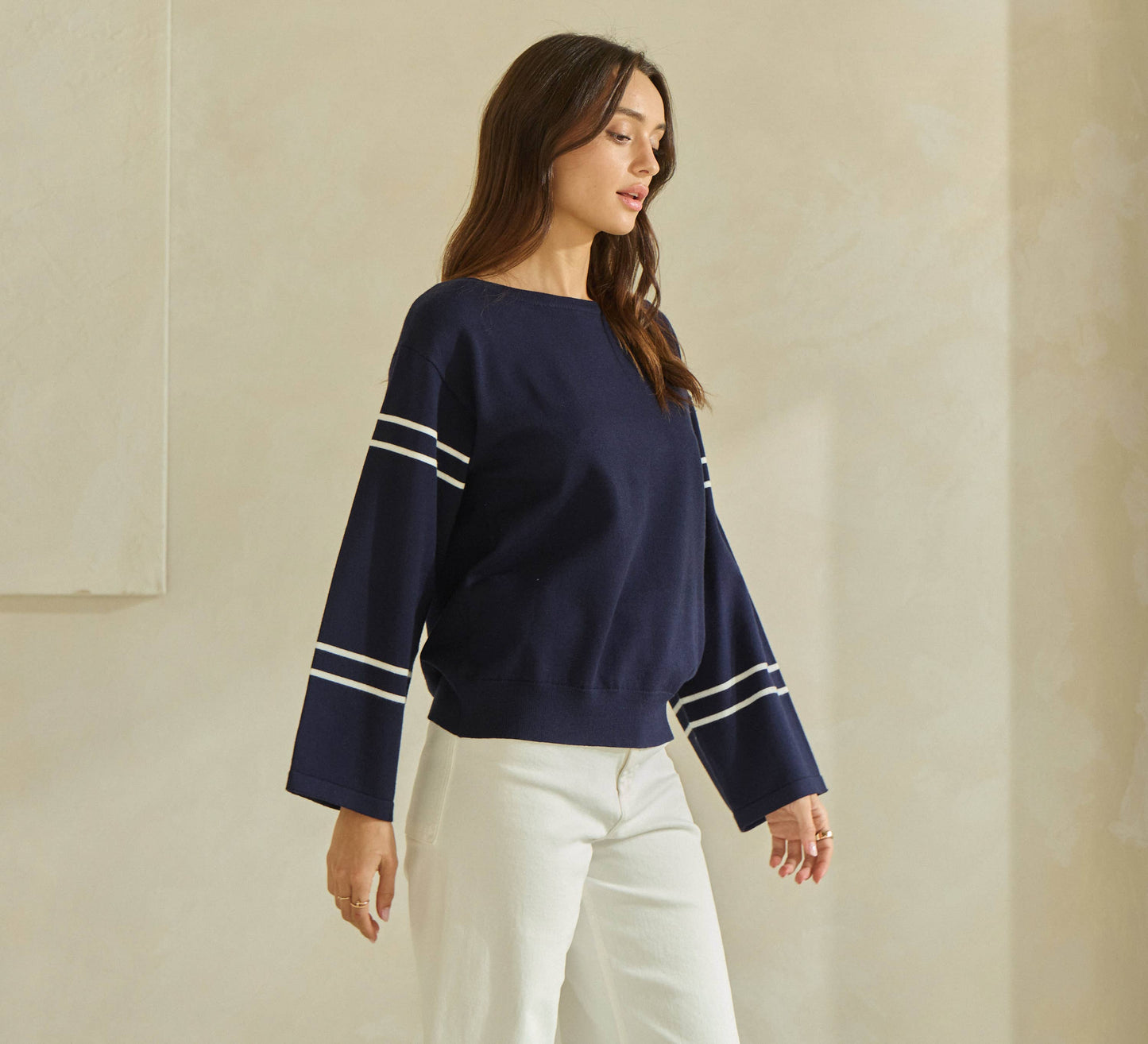 Boat Neck Striped Knit Top