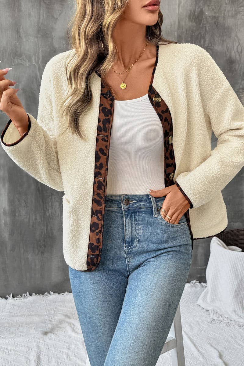 Casul Leopard Print Contrast Crew Neck Jacket