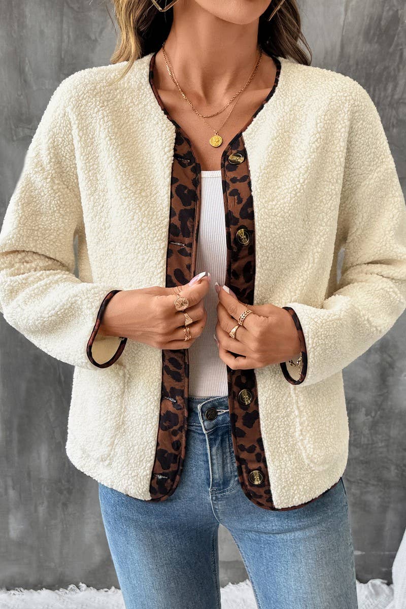 Casul Leopard Print Contrast Crew Neck Jacket