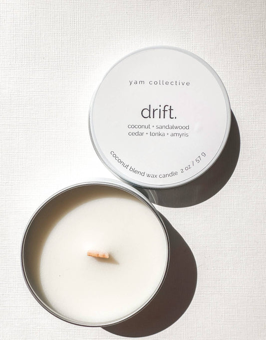 Drift - 2 oz coconut, sandalwood Travel Tin Candle