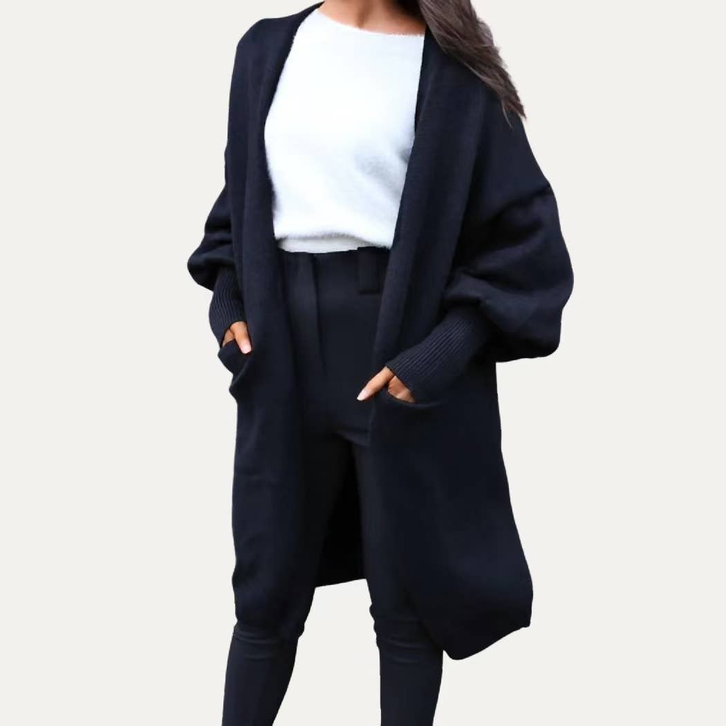 Cool Girl Black Balloon Sleeve Open Front Long Body Cardigan