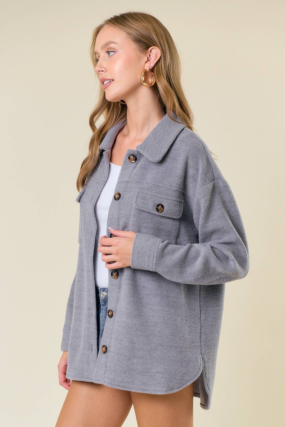 Fleece Knit Button-Down Shacket W/ Patch Pocket - 10606J