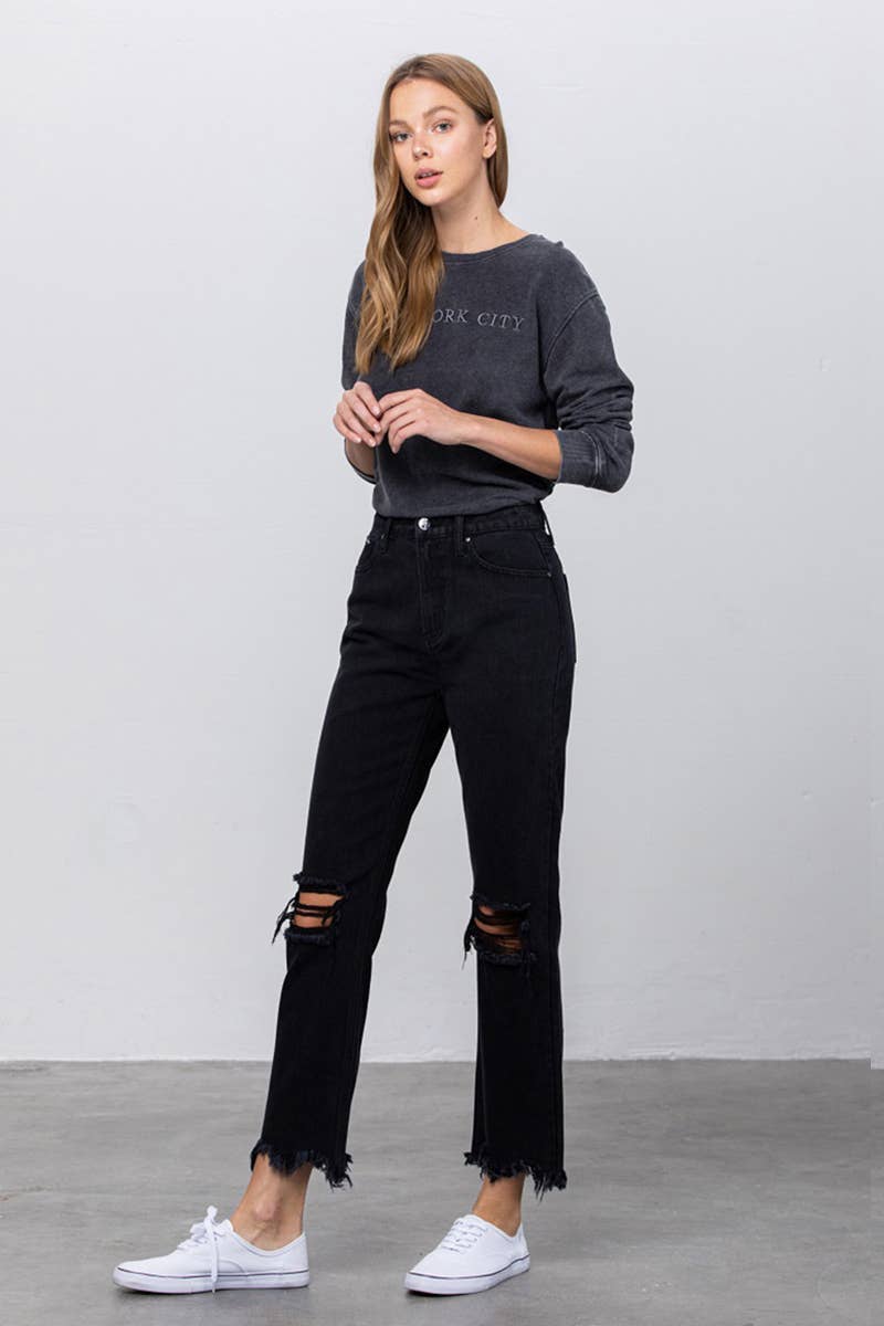 High Rise Ripped Frayed Hem Straight Jeans