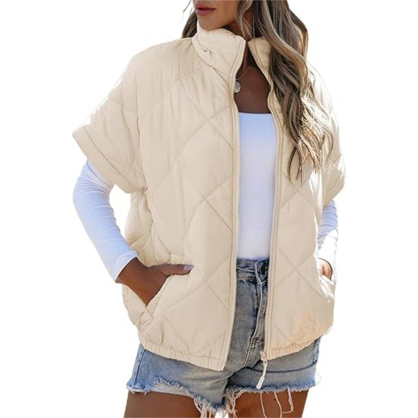 Short Sleeve Quilted Jacket Women's Casual Zipper Coat