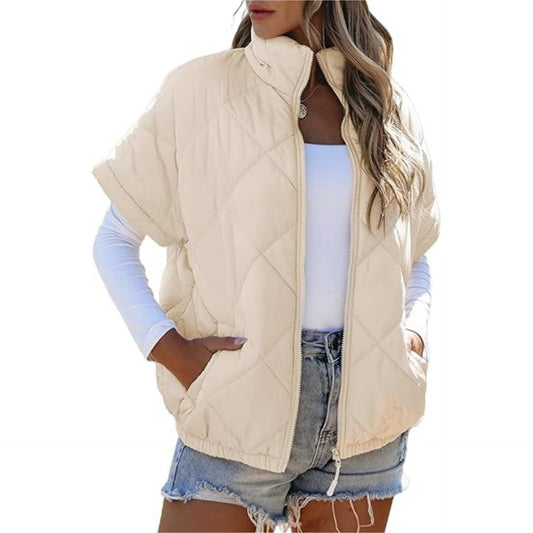 Short Sleeve Quilted Jacket Women's Casual Zipper Coat