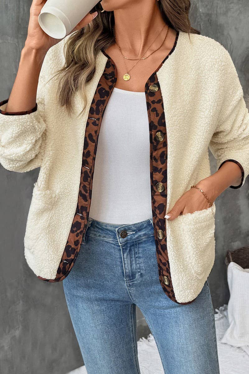 Casul Leopard Print Contrast Crew Neck Jacket