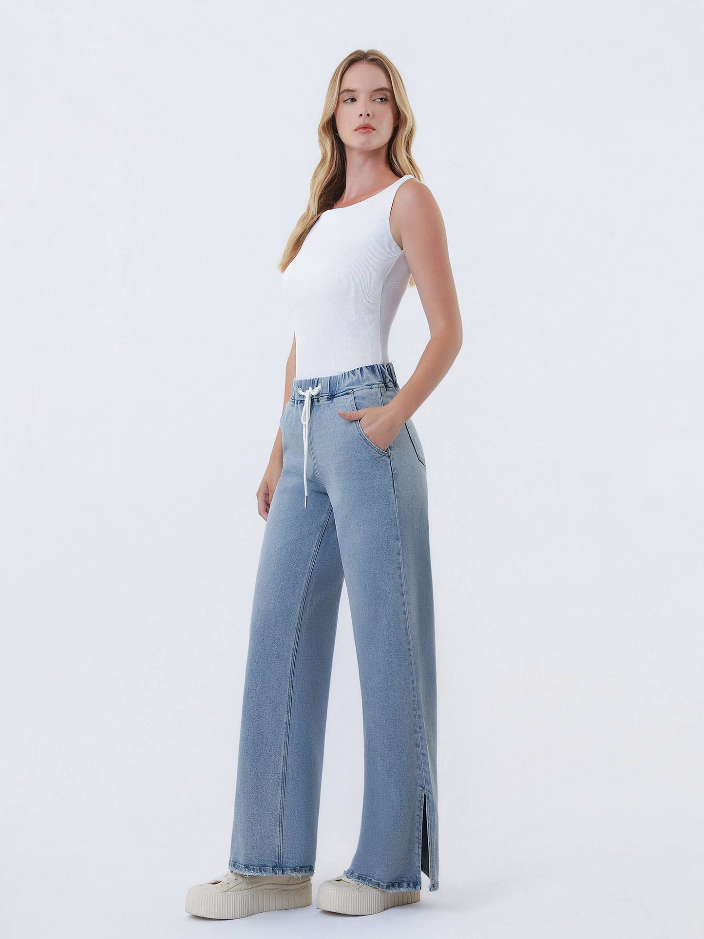 HIGH RISE DRAWSTRING WAISTBAND SLIT WIDE LEG JEANS