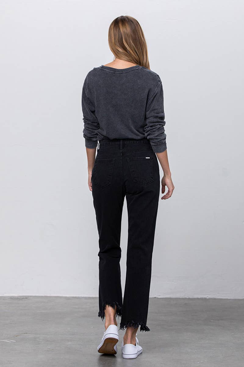 High Rise Ripped Frayed Hem Straight Jeans