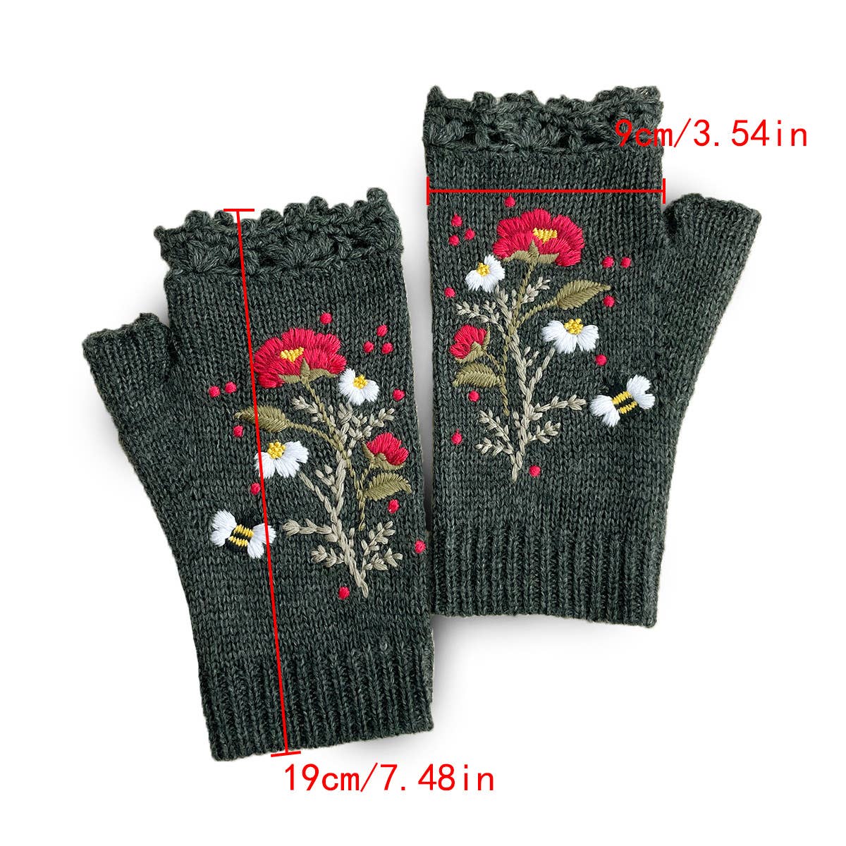 Vintage Peony, Daisy, Bee Embroidered Mittens