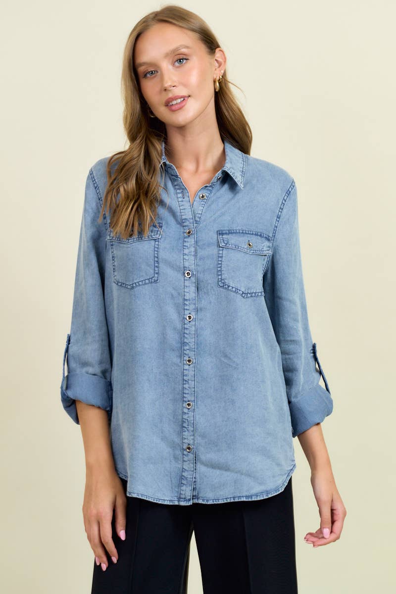 Chambray Button Down Shirt With Roll up Sleeve