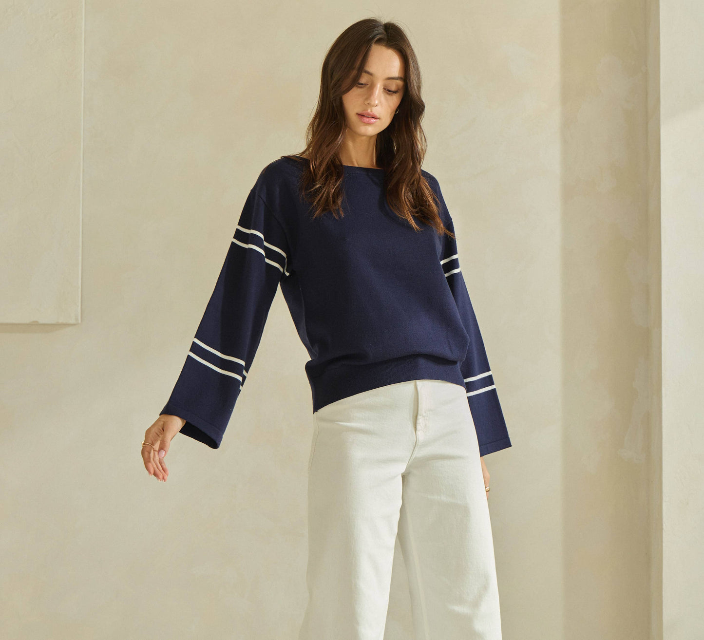 Boat Neck Striped Knit Top