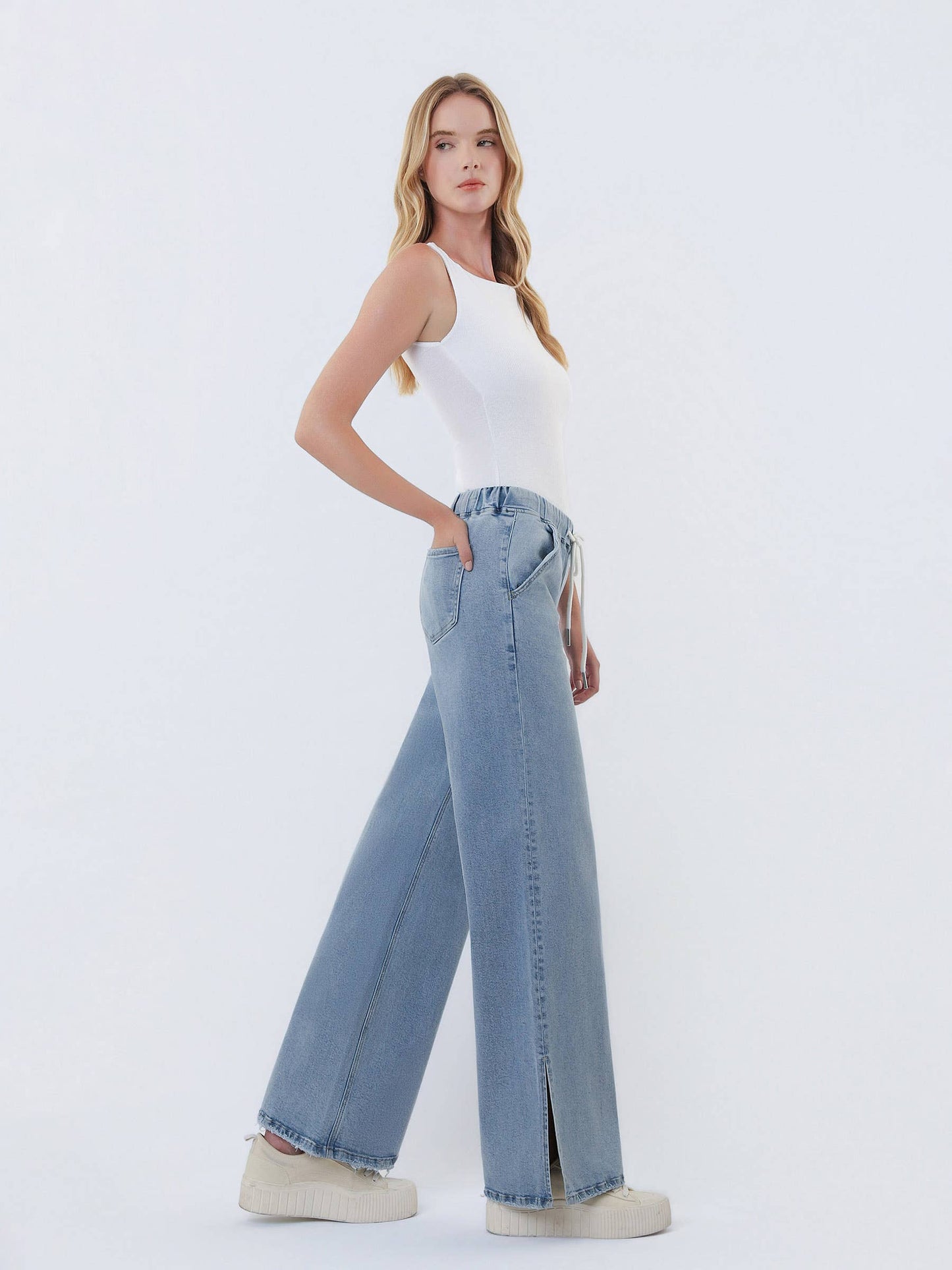 HIGH RISE DRAWSTRING WAISTBAND SLIT WIDE LEG JEANS