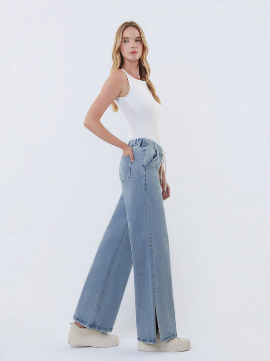 HIGH RISE DRAWSTRING WAISTBAND SLIT WIDE LEG JEANS
